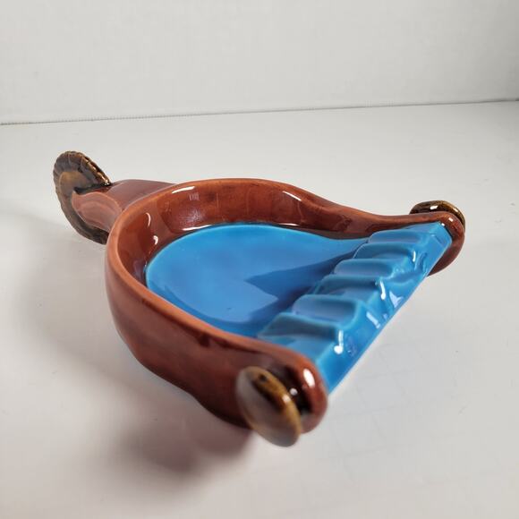 Vintage Blue and Brown Spur Ashtray with Handle, Mid-Century Modern Farmhouse - Picture 3 of 9